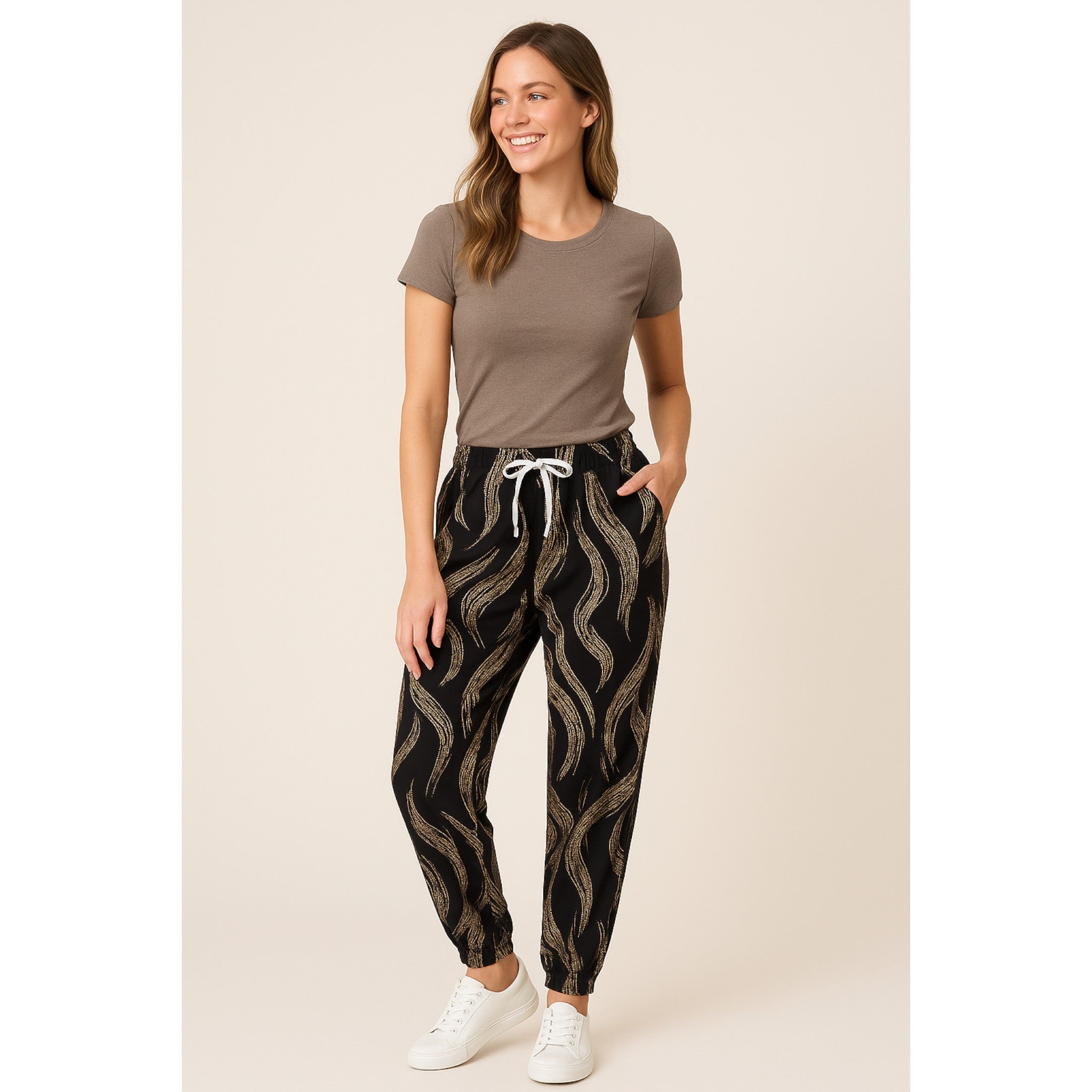 Ladies JDN branded palazzo trousers in black with abstract wavy print and white drawstring waistband